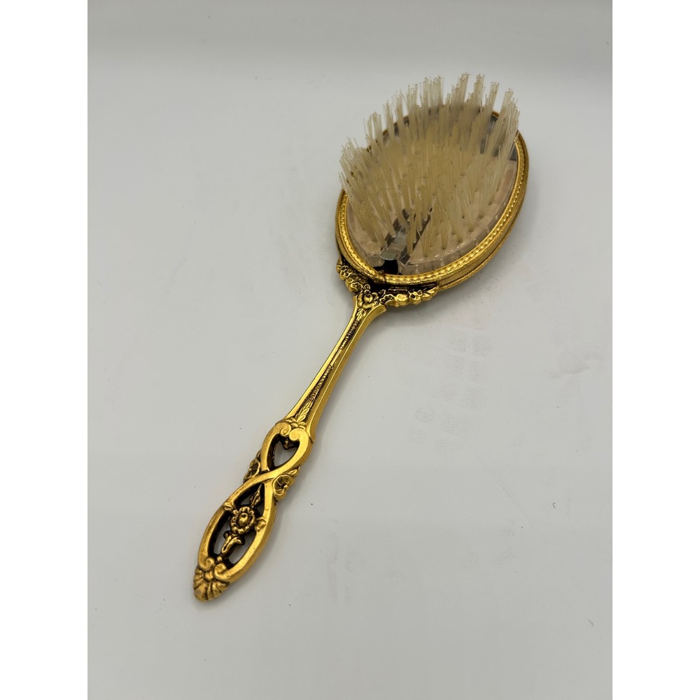 Vintage Matson 24K Gold Plated Rose Floral Hair Brush Hollywood Regency Vanity